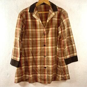 VTG Handmade Womens Plaid‎ Button Up Shirt Corduroy Trim Farm Cottagecore Rustic